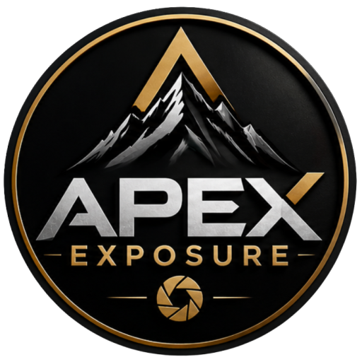 Apex Exposure logo featuring a stylized mountain peak above the words "Apex Exposure" with a camera aperture icon, representing wildlife photography, nature films, and outdoor adventures.
